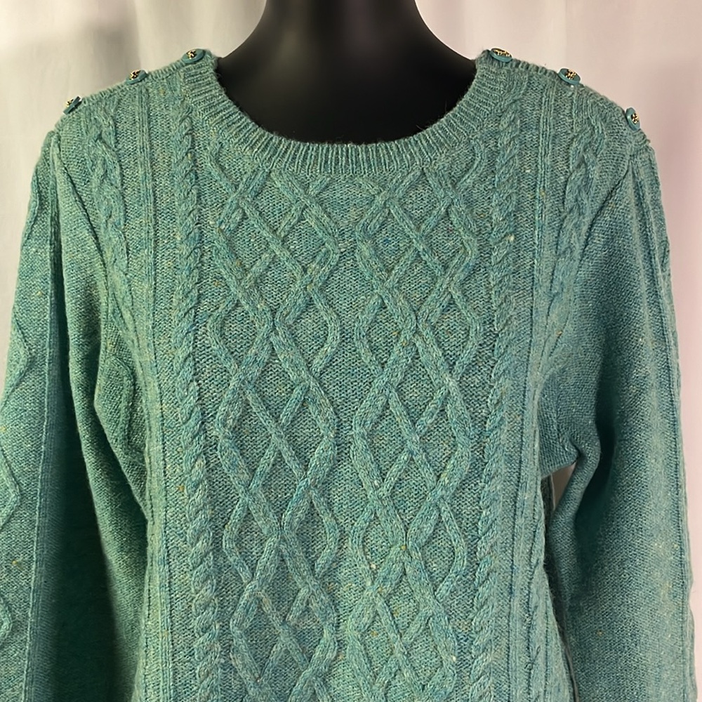 NWOT Appleseed’s Teal Confetti Knit Wool Cable Knit Crew Neck Sweater - Picture 5 of 16